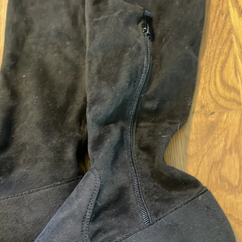 Black Faux Suede Over The Knee Boots‎ Low Block Heel Drawstring Size 7